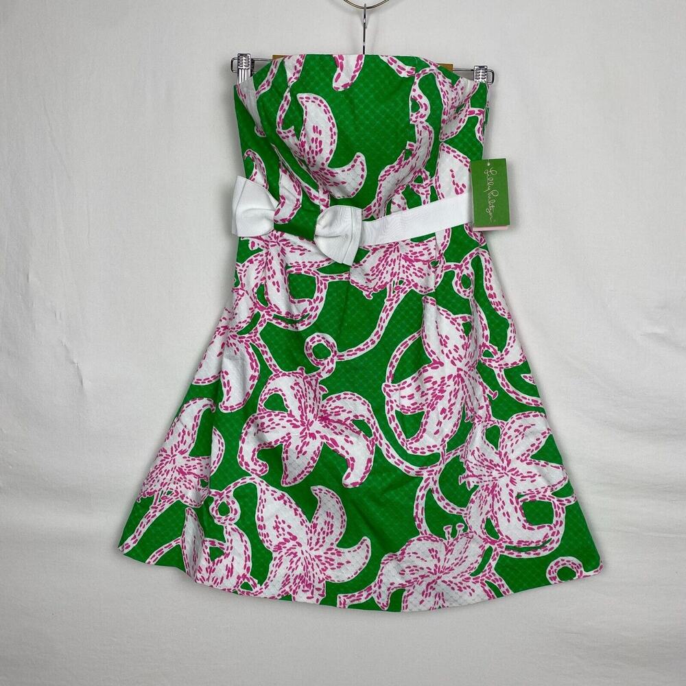 NWT $228 Lilly Pulitzer Strapless Amberly Dress Size 0 Prep Green Pink Twinkle